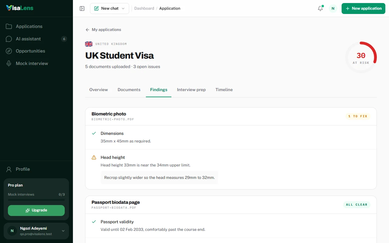 The findings tab of a UK Student Visa application in VisaLens. A biometric photo check is flagged: head height 33mm is near the 34mm upper limit, with the instruction to recrop so the head measures 29mm to 32mm. Below it, the passport biodata page is marked all clear.